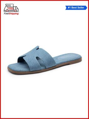 Rihero Flat Sandals Women Slip On PU Slide Sandals Comfortable